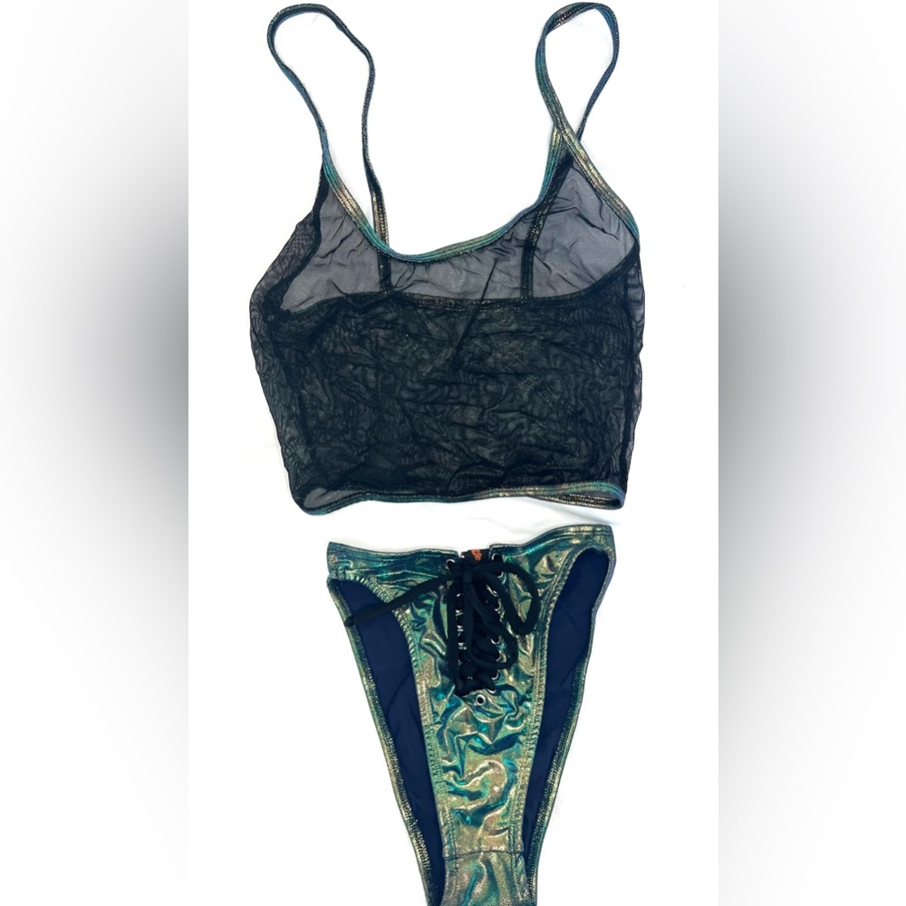 J Valentines iridescent festival set with mesh top and lace up bottoms size S